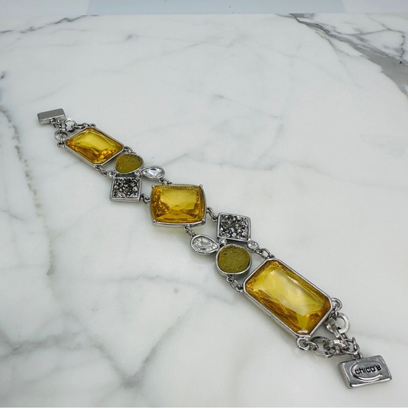 Chico’s Yellow Glass Stone Silver Tone Link Bracelet 7” Statement Jewelry - Picture 1 of 8